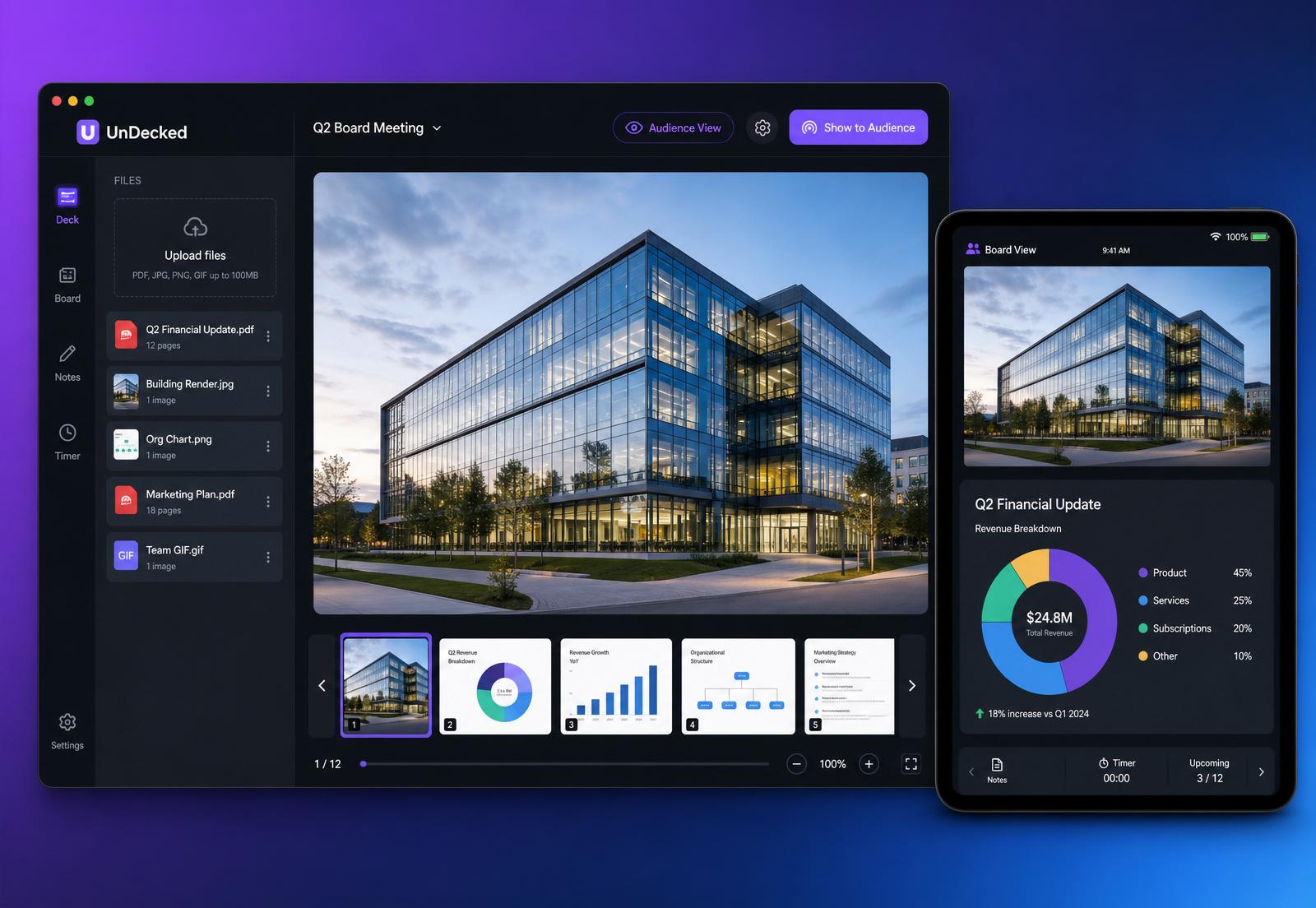 UnDecked app showing live presentation control across desktop and tablet